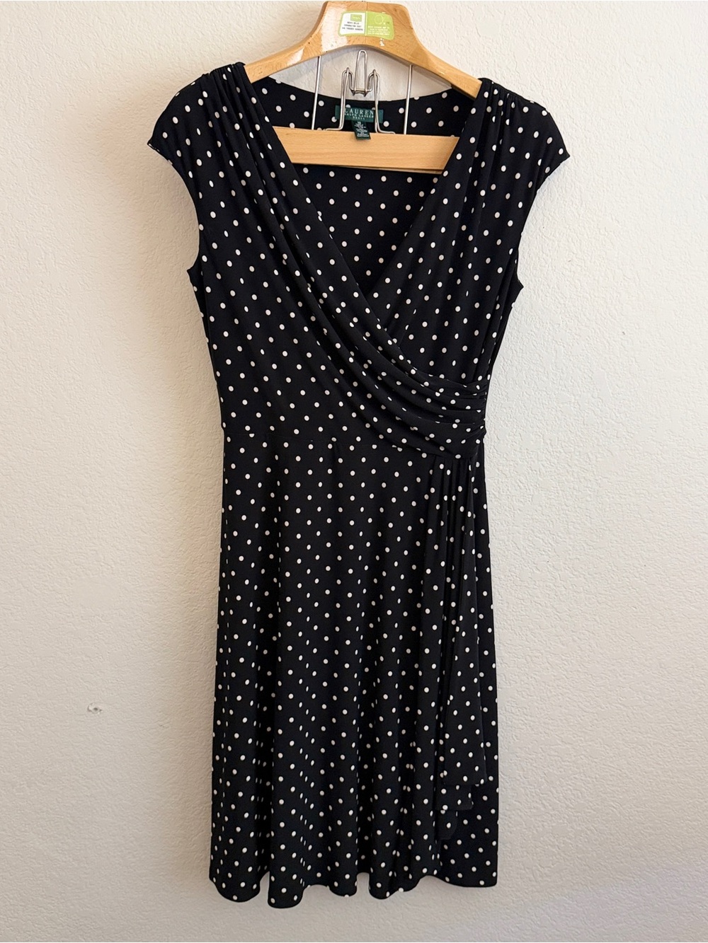 Lauren Ralph Lauren Black and White Polka Dot Faux-Wrap Midi Dress